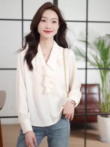 AMMIN 2025 Spring and Autumn New Sweet Ruffled Collar Simple Solid Color Commuter Chiffon Blouse for Women Korean Style Unique and Exquisite Long Sleeve Professional Elegant Blouse