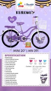 Sepeda Mini Anak Perempuan PMB Mortein MN391 Sanrio Kuromi 20x2.125 Inch Untuk Anak 8-12 Tahun