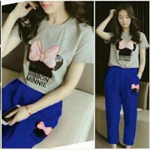 Setelan Baju Celana Wanita Remaja Sehari-hari Pakaian Tidur Korea Dewasa Panjang Terbaru Jumbo Lingkar Dada 102Cm RIBBON MINNIE DAIROKU