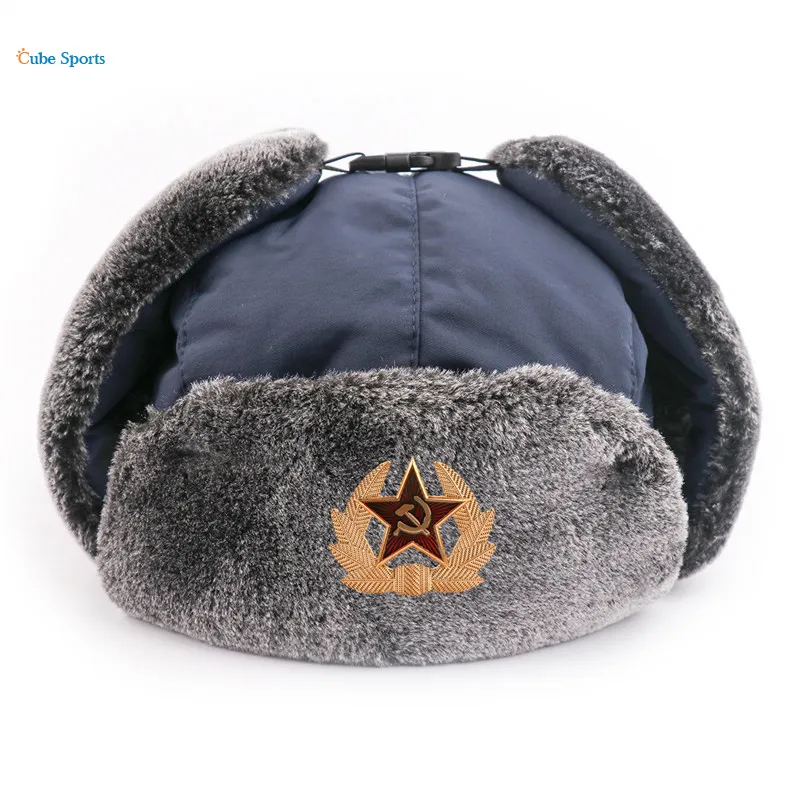 cube Russian Trapper Hat Cap with Soviet Badge Faux Furs Ushanka