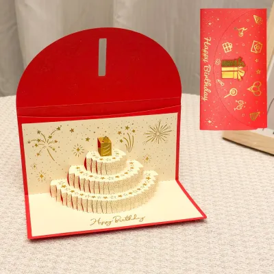 NUBE 3D Pop-Up Birthday Red Envelope Greeting Card Can Hold 1-20 Cash Foldable Years Money Red Envelope Creative Gold-stamped Cover Musical Light Greeting Card Surprise Gift