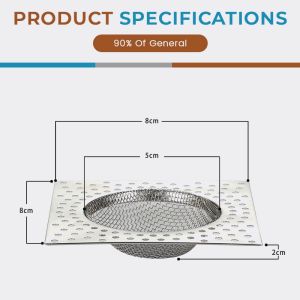 8CM Square Stainless Steel Anti-odor Drainer/ Shower Drain Hole Anti Clogging Strainer/ Kitchen & Bathroom Floor Drains Filter/ Hair Catcher
