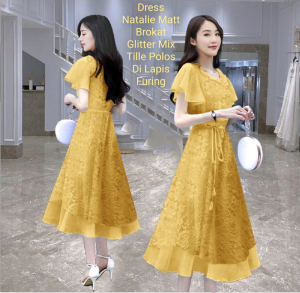 Dress Wanita Midi Model Terbaru Matt Brokat/Dress Natalie Size L-XL-XXL /Dress Pesta Dan Acara Natalan Wanita Kekinian Viral