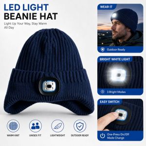 NOONOOR Rechargeable LED Light Beanie Three Brightness Levels White LED Light Lighted Beanie Hat Warm and Elastic Lighted Winter Cap Night Running
