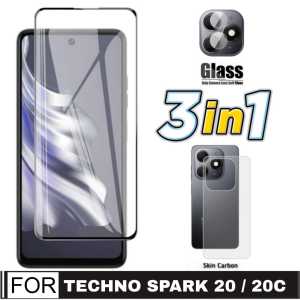 Promo Paket 3 in 1 Tempered Glass Tecno Spark 20 / 20C 2023 Anti Gores Layar Tepi Hitam + Kamera + Garskin