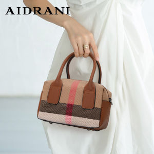 Aidrani  Classic womens mini handbag square canvas bag with patchwork cowhide brown