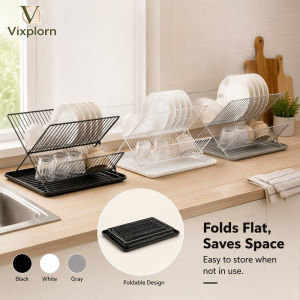 Vixplorn Foldable Dish Drying Rack X Shape 2 Tier Non Slip Drain Tray With Removable Cutlery Holder