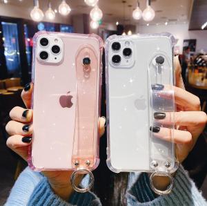 เคสกันกระแทกแบบใสมีกลิตเตอร์ของ CrashStar มีสายคาดข้อมือสำหรับไอโฟน16 15 14 13 12 11 Pro Max Mini XS XR X 7 8 Plus + SE 2020เคสเคสมีขาตั้งโทรศัพท์ซิลิโคนเนื้อนิ่มโปร่งใสเรียบง่าย