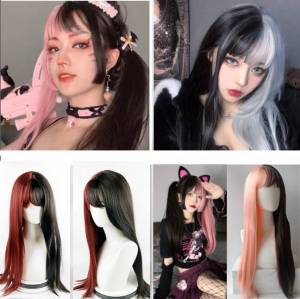 【วิกผมอนิเมะ】วิกผมยาวตรงวิกผมสองสีสำหรับผู้หญิงคอสเพลย์ฮาโลวีนปาร์ตี้คลับ วิคผม ผมต่อ เครื่องประดับผม แฟชั่นผู้หญิง Lady Girl Black & White Ombre ธรรมชาติวิกผมยาวตรงคอสเพลย์น่ารักวิกผมทรงโลลิต้า