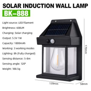 2024 Tungsten Solar Light Outdoor Waterproof Motion Sensor Solar Fence Lamp Auto On/Off Solar Retro Wall Light 3 Modes Lampu Solar Outdoor Lighting