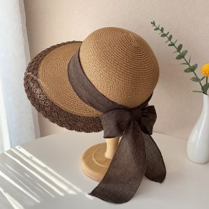COVIEEZB Di động Mũ bãi biển dệt bằng rơm Khoét lỗ Có thể gập lại Mũ xô Nắp bồn rửa Nhẹ Mũ ngư dân có nơ Mùa hè