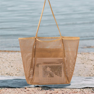 Portable Hollowed Out Tote Bag Women Large Capacity Shoulder Bag Mesh Beach Bag For Travel Shopping