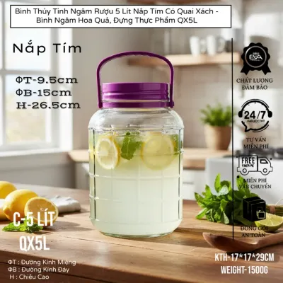 Bình Thủy Tinh Ngâm 5 Lít Có Vòi Hoặc Không Vòi - Hũ Thủy Tinh QX5L Đựng Nước Hoa Quả Quai Xách Nắp Đỏ Cao Cấp