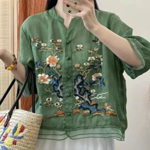 Luckin Store Áo Thun Thêu Vải Lanh bông nữ cho nữ mùa hè 2025 Áo cánh tay Áo bong bóng có dây cổ chữ V mỏng dáng rộng mới Blouse Women Quần áo năm mới 2025 Hanfu women chinese Cô gái áo đỏ cny top