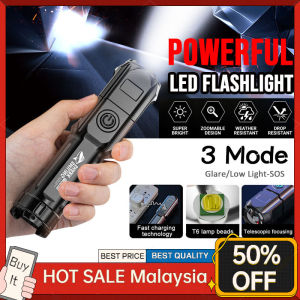 Led Flashlight Super Bright ABS Strong Light Focusing LED Flashlight Zoomable USB Rechargeable T6 Tactical Torch Night for Running Camping Hiking Fishing Walking Warning Light