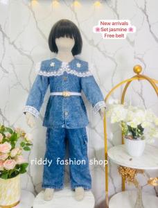 SETELAN JEANS JASMINE KRAH RENDA ANAK PEREMPUAN USIA 3 - 12 TAHUN / SET DENIM CELANA KULOT CARGO FREE IKAT PINGGANG