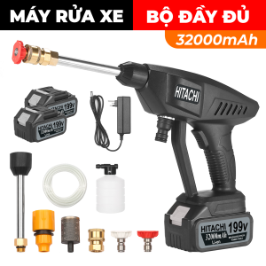 Máy rửa xe cầm tay chạy pin HITACHI 199V áp lực cao Rửa Ô Tô Xe Máy Nhà Cửa Tưới Cây Áp Lực Cao Nhiều Chế Độ (Tặng bình tạo bọt + Hộp Nhựa BH 2 NĂM )