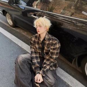 Japanese Retro Autumn Shirt for Men Coffee Color Mens Plaid Clothing High-End Feel Youth Long-Sleeve Shirt