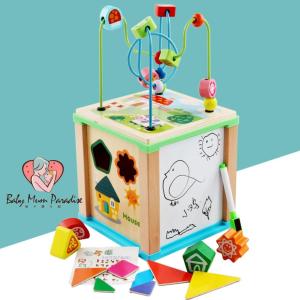 Intelligence Wooden Educational Toy Activity Cube Durable Montessori Wooden Toys Box 5 in 1with Wooden Beads Maze Puzzle Shape Cube for Toddlers
