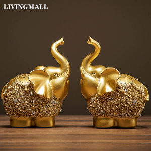 Livingmall 2PC/SET Golden Elephant Resin Animal Model Olifant Beeldje Home Decoratie Accessoires Moderne Bureau Decoratieve Bruiloft Liefde Gift