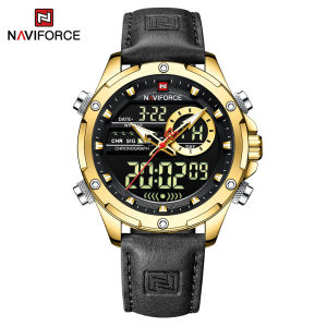 NAVIFORCE Watch for Men Fashion Casual with Sport Leather Strap Wrist Watch Multi-function Analog Dual Display Chronograph LCD Luminous Waterproof Gold with Brown NF9208