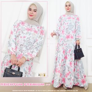 Gamis Wanita Reichtum Bahan Peach Skin Motif Bunga Busui Size XL LD 110 Baju Dress Pesta Anggun