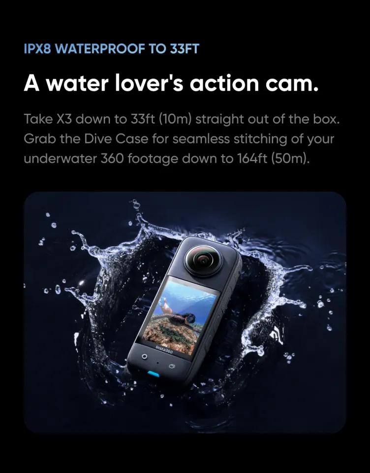 insta360 X3, Waterproof 360 Action Camera with 1/2 48MP Sensors, 5.7K 360  Active HDR Video, 72MP 360 Photo, 4K Single-Lens, 60fps Me Mode,  Stabilization, 2.29 Touchscreen, AI Editing, Live Stream