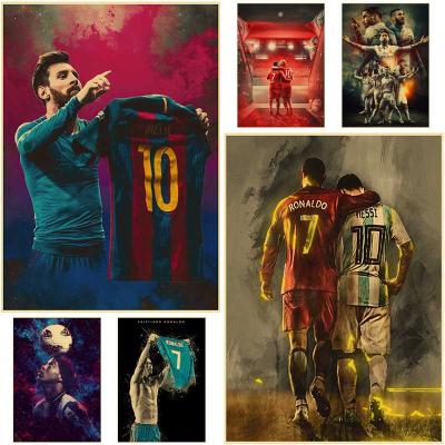 โปสเตอร์ดาวฟุตบอลวินเทจเมสซี่โรนัลโด้โปสเตอร์ย้อนยุคและภาพพิมพ์สติกเกอร์ผนังห้องตกแต่งผู้เล่น42x30cm