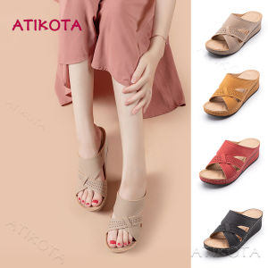 Atikota รองเท้าแตะสําหรับผู้หญิงแฟชั่นลื่นหนาแต่เพียงผู้เดียวรองเท้าแตะกลวงเย็บกลางแจ้งรองเท้าแตะลําลอง