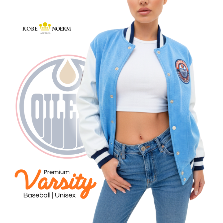 Varsity Oilers Hockey Jacket Unisex Premium Embroidery Patch