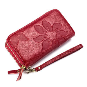 Genuine Cow Leather Women Double Zipper Long Wallet Large Capacity Ladies Purse Phone Bag Rfid Credit Cards Holder Money Clutch2026
