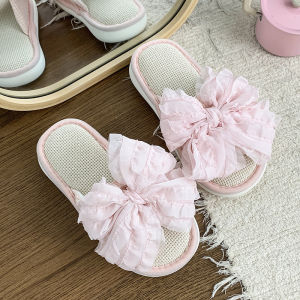 [Free Shipping] Ins High-Quality Linen Slippers For Women With Bowknot Thick Sole Suitable For All Seasons Non-Slip Sweat-Absorbent Cute And Girly Slippers