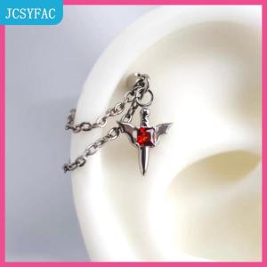 JCSYFAC Red Zircon Wing Chain Bông tai cho phụ nữ người đàn ông Gothic bạc màu đinh tán Tai xương Nail Earring Y2K đồ trang sức phụ kiện