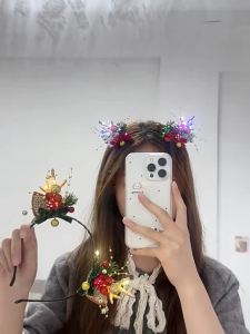 New Christmas Hair Accessories Christmas Photo Props Glowing Antler Headband with Lights Reindeer Costume Hair Clip