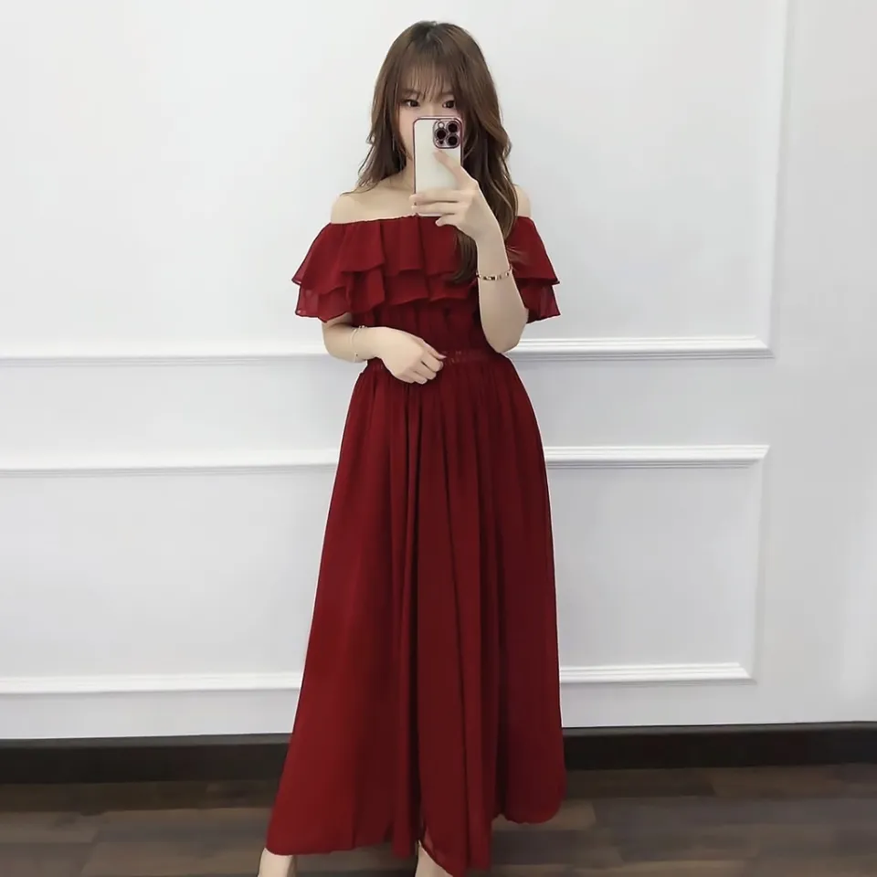 ISTANABAJU89 - VELOZA MIDI DRESS SABRINA | OUTFIT DRESS KOREAN OFF SHOULDER  WANITA UNTUK PESTA KONDANGAN ATAU DRESS NATAL WARNA MERAH MAROON MURAH  TERBARU GAYA SIMPLE DAN ELEGAN/BISA COD | Lazada Indonesia