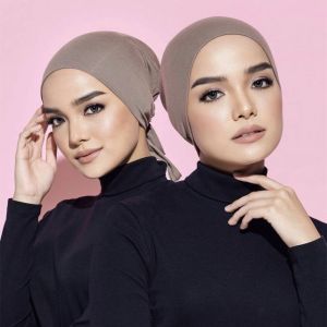 MUSASI Soft Modal Modal Headscarf Solid Color Elastic Drawstring Hijab Caps Inner Cap Tie Back Closure Muslim Turban Hat Muslim Women