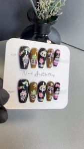 【HANDMADE+Free Glue】Real Photos Press on Nails Dark colored painted Labubu nails Medium trapezoidal Zimomo nails Phototherapy Fake Nail Patch Artificial Nail Reusable