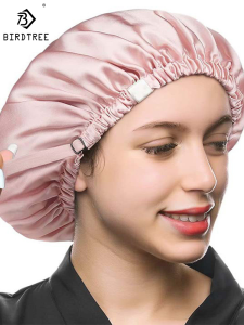 Birdtree 16MM 100% Real Silk Bonnet Women Double Layer Sleeping Night Cap Pure Hair Wrap Elastic Headwrap A34324M2026