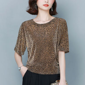 Free Shipping Leopard print T-shirt Ladies Short Sleeve Tops Korean Style Loose 2022 Summer New Version Plus Size Cover belly Bright silk bottoming half sleeve Shirt Women Tees