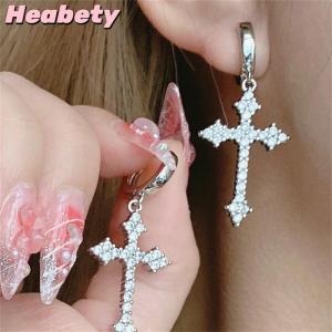 Heabety New Rhinestone Zircon Cross Pendant Earrings For Women Korean Fashion Drop Hoop Earrings Birthday Party Jewelry Gifts