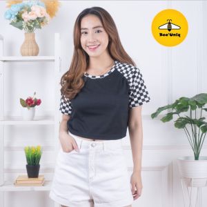 BeeUniq Kaos Black Chess Crop Top RIB / Crop Tee Korean