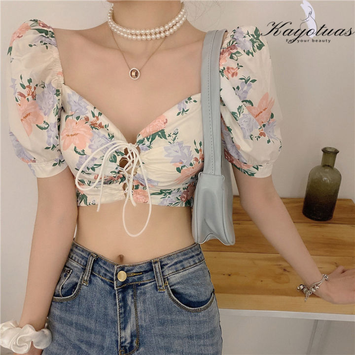 Floral top women crop top crop top korean crop top puff sleeve top