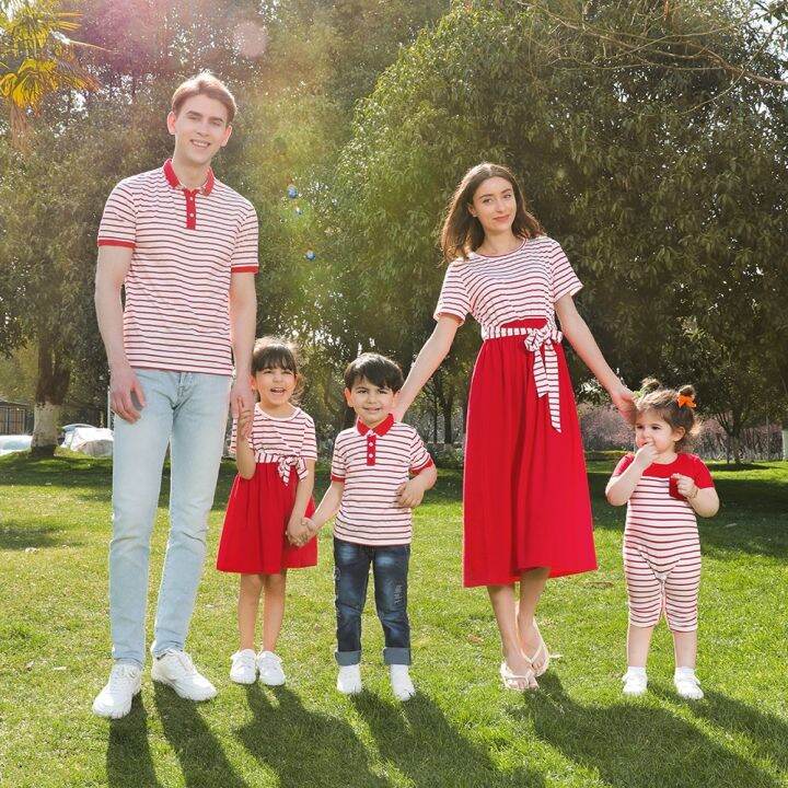 TOP Cotton Family Set Clothing Mother Daughter Father Son Striped T shirt Casual Red Midi Dress Family Matching Look Outfits Lazada PH