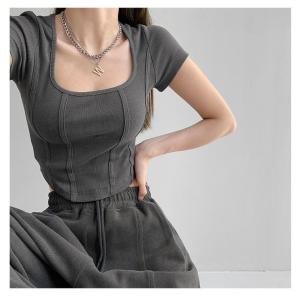Kaus lengan pendek leher persegi retro Korea untuk wanita atasan crop pendek ramping pinggang tinggi