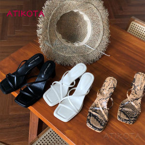 Atikota Women Fashion Heels Sandal One Word Roman Square Toe Cross Comfortable Non-Slip High Heel