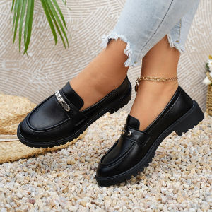 Free Shipping Plus-Size WomenS Round-Toe Chunky-Heel Loafers With Metal Trim Slip-On Flats