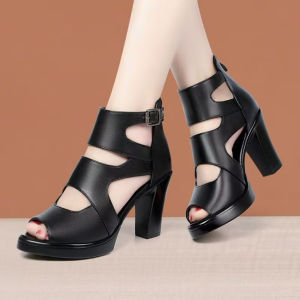 【in stock】Korean style New hollow fish mouth Roman shoes womens sandals thick heel thick soled short boots waterproof platform high heel cool boots