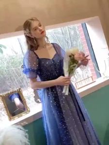 Blue Dress Elegant Gown Bubble Sleeve Birthday Party Wedding Evening Dress㏇X0412