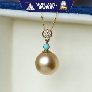 Montagne Jewelry 18k Pure Gold necklace for women Diamond Turquoise Inset Design Fine Jewelry Natural 10-11mm South Sea Golden Pearl Pendant Necklace