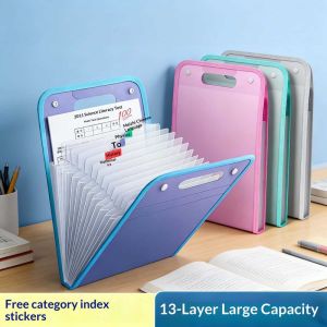 JJT A4 Large Capacity Expandable File Folder with 13 Pockets for Students and Office Use Transparent Design with Handle and Free Labels